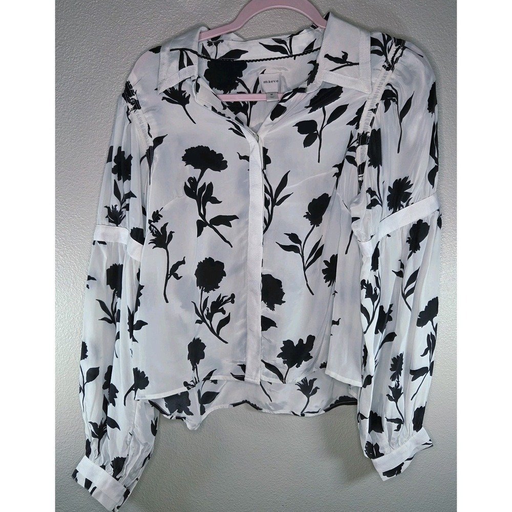 Maeve Black White Floral Sheer‎ Blouse Size M Anthropologie Button Front